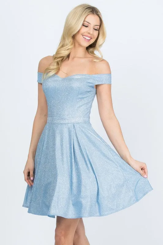 Light Blue Off The Shoulder Skater Dress Jaquard