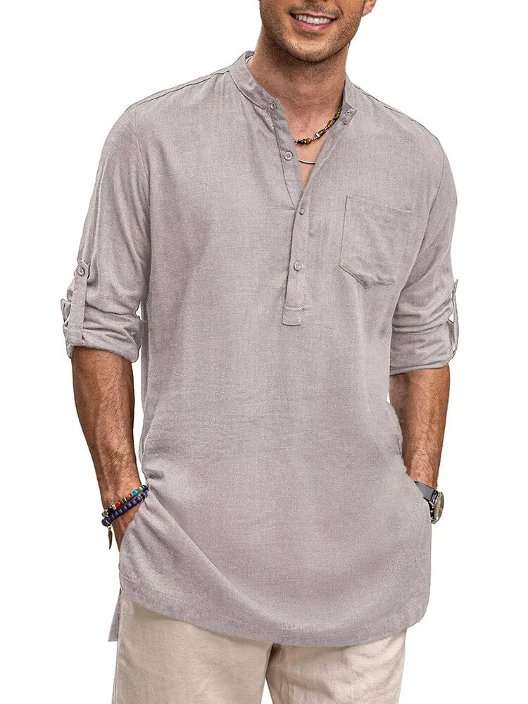 Linen Henley Long Sleeve Shirts with Pocket (US Only)