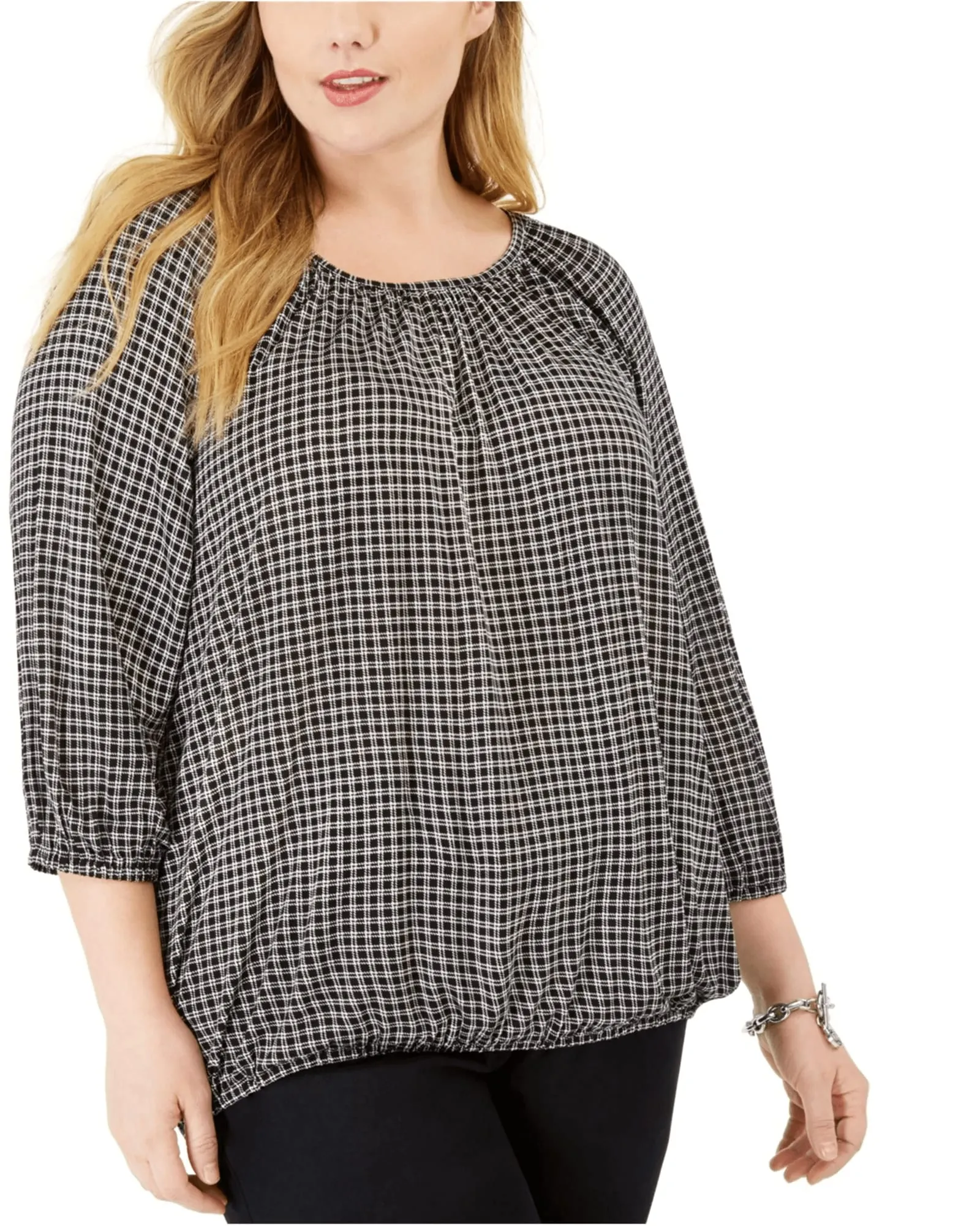 Michael Kors Women's Plus Micro Check Peasant Top Black Size 3X | Black