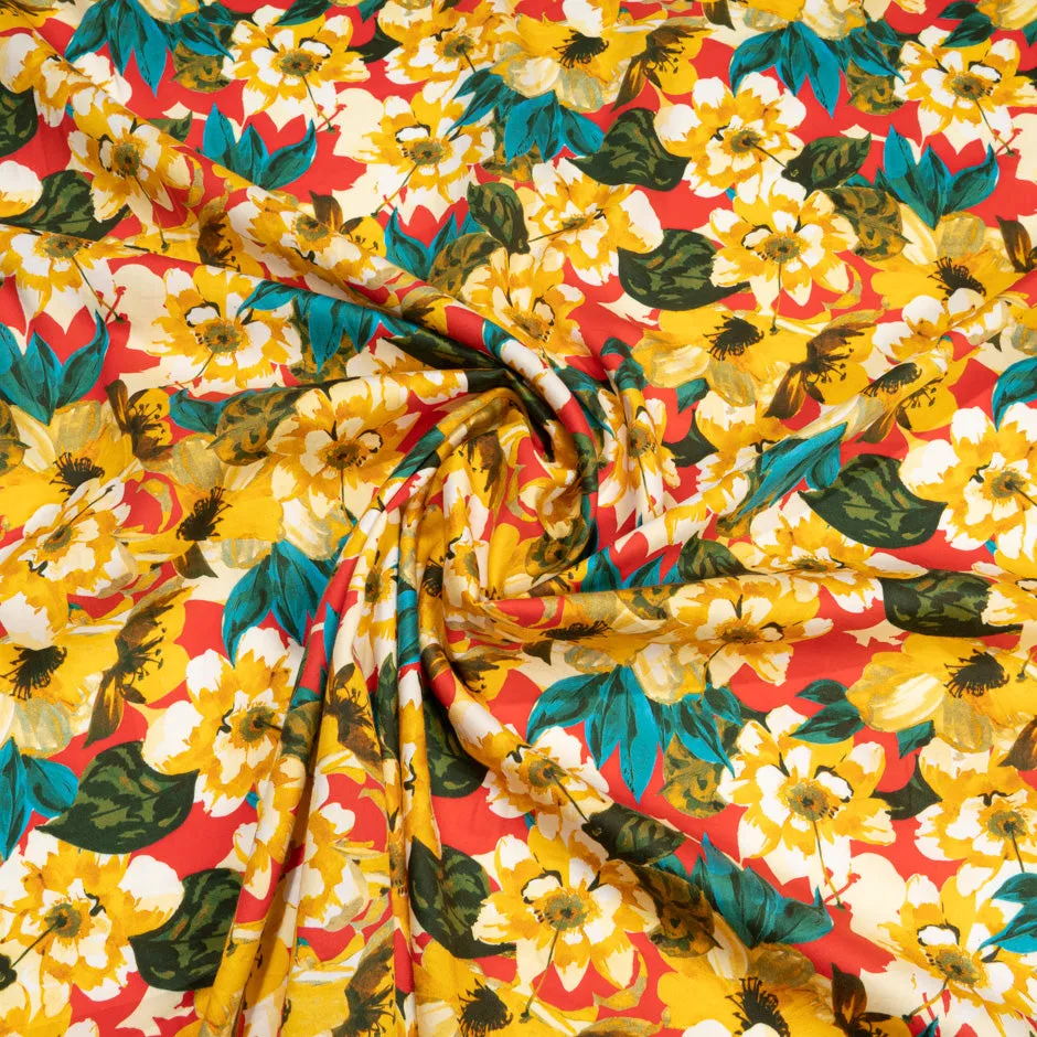 Mustard Yellow Floral Printed Red Luxury Cotton