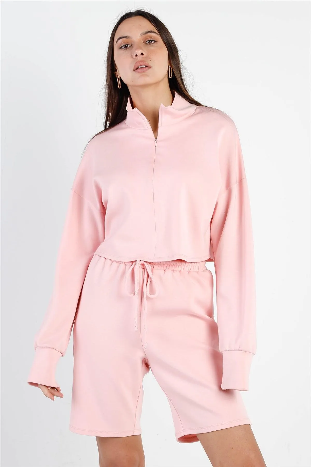 Peach Zip-Up Mock Neck Crop  Sweatshirt & Boyfriend Short Set /1-2-2