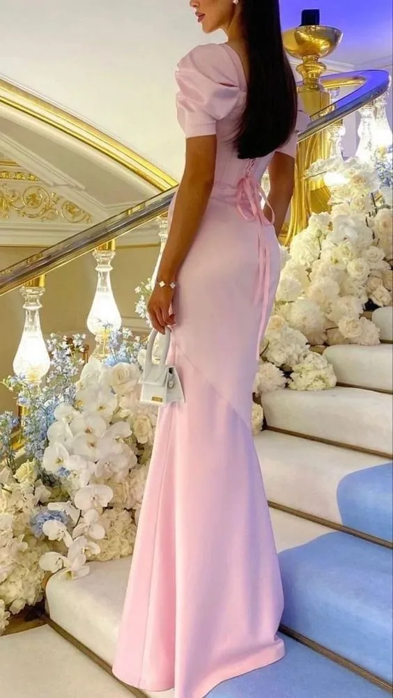 Pink Sheath Long Prom Dresses Short Sleeve Formal Party Gown 2505