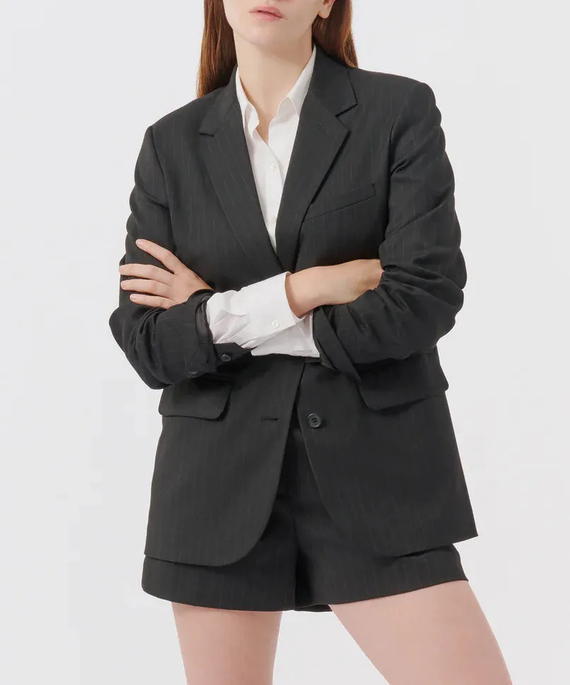 Pinstripe Twill Boyfriend Blazer - Black