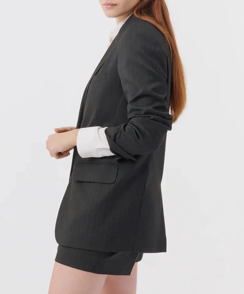 Pinstripe Twill Boyfriend Blazer - Black