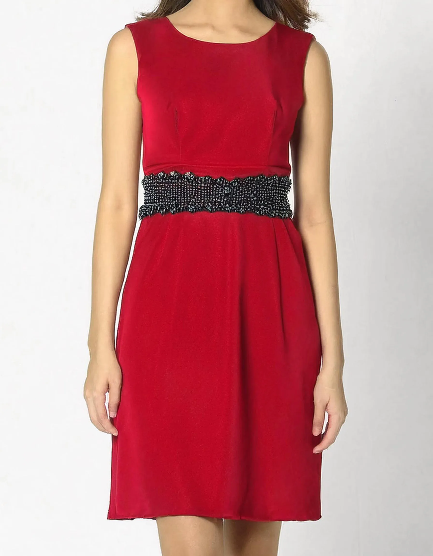 Red Belted Sleeveless Sheath Dress