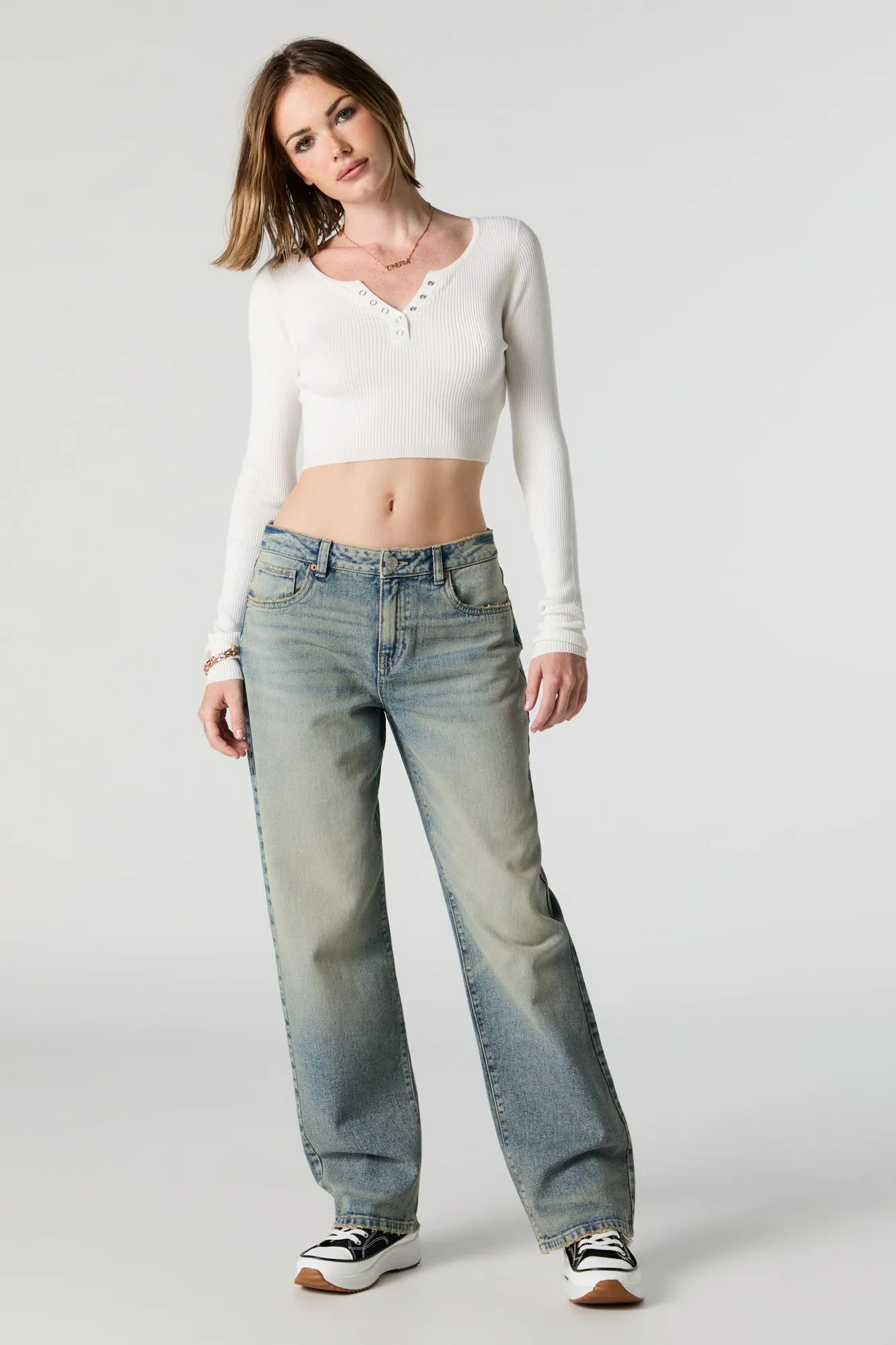 Ribbed Henley Long Sleeve Crop Top