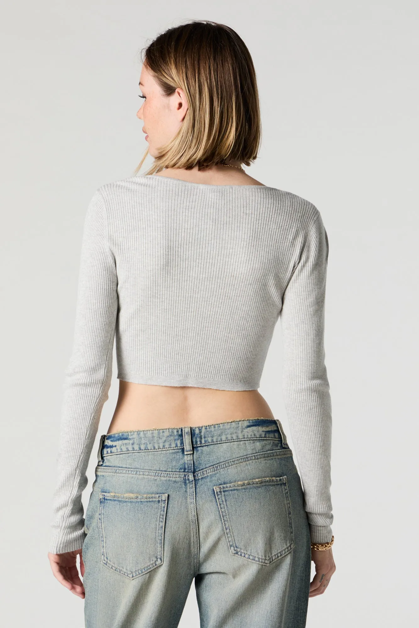 Ribbed Henley Long Sleeve Crop Top