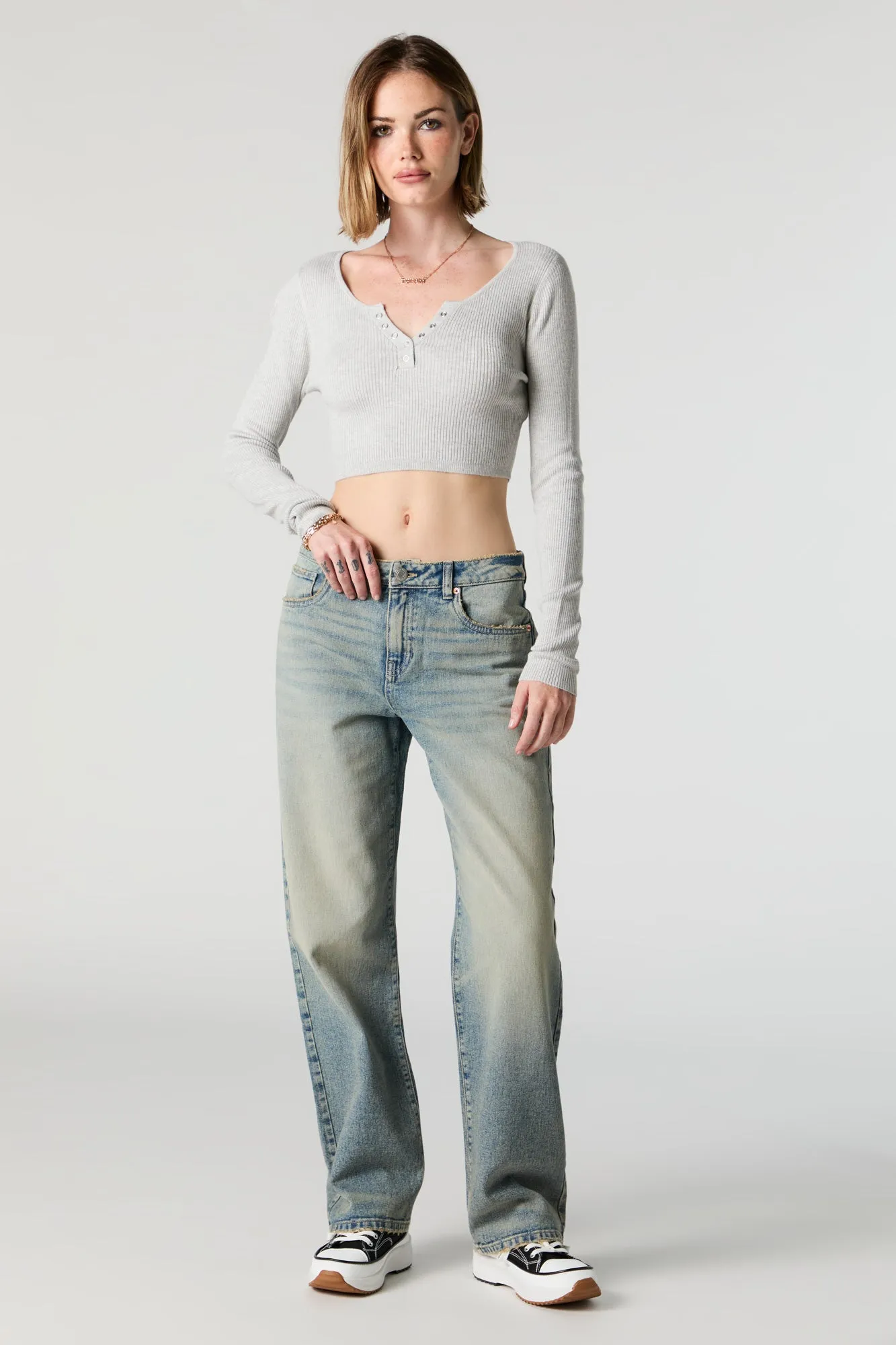 Ribbed Henley Long Sleeve Crop Top