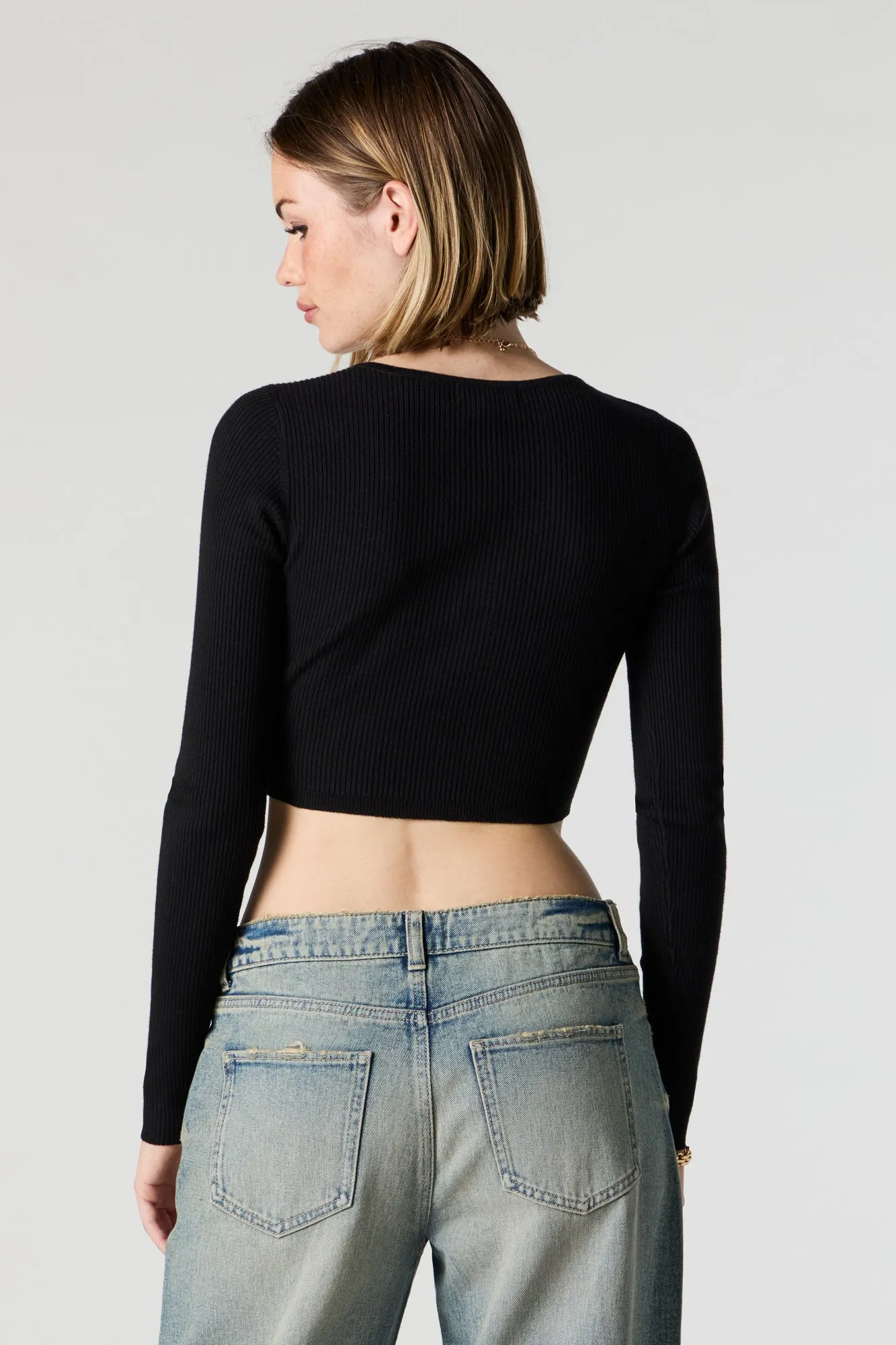 Ribbed Henley Long Sleeve Crop Top