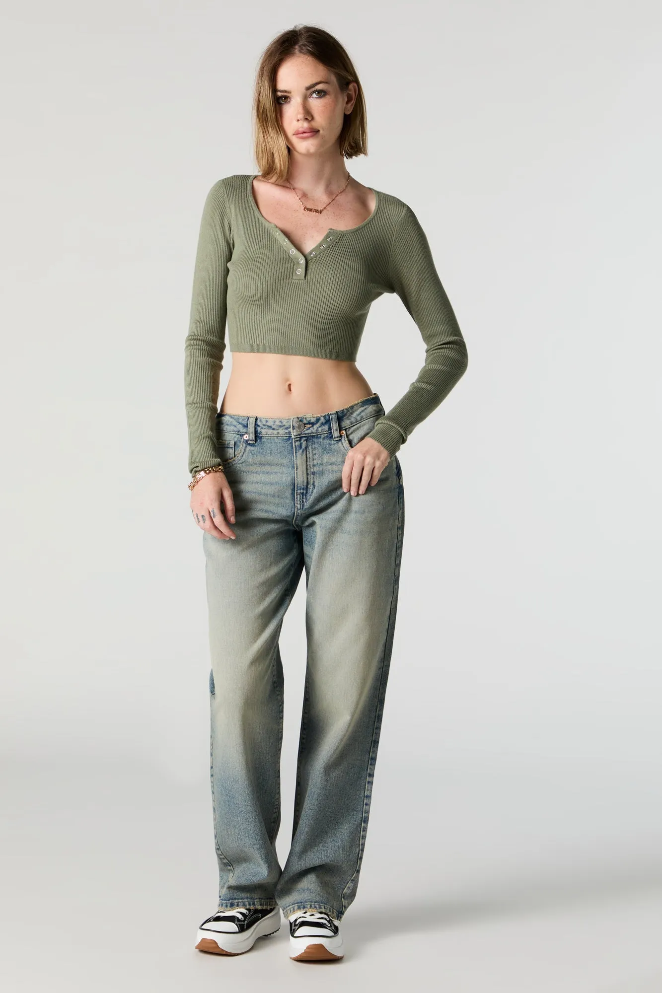 Ribbed Henley Long Sleeve Crop Top