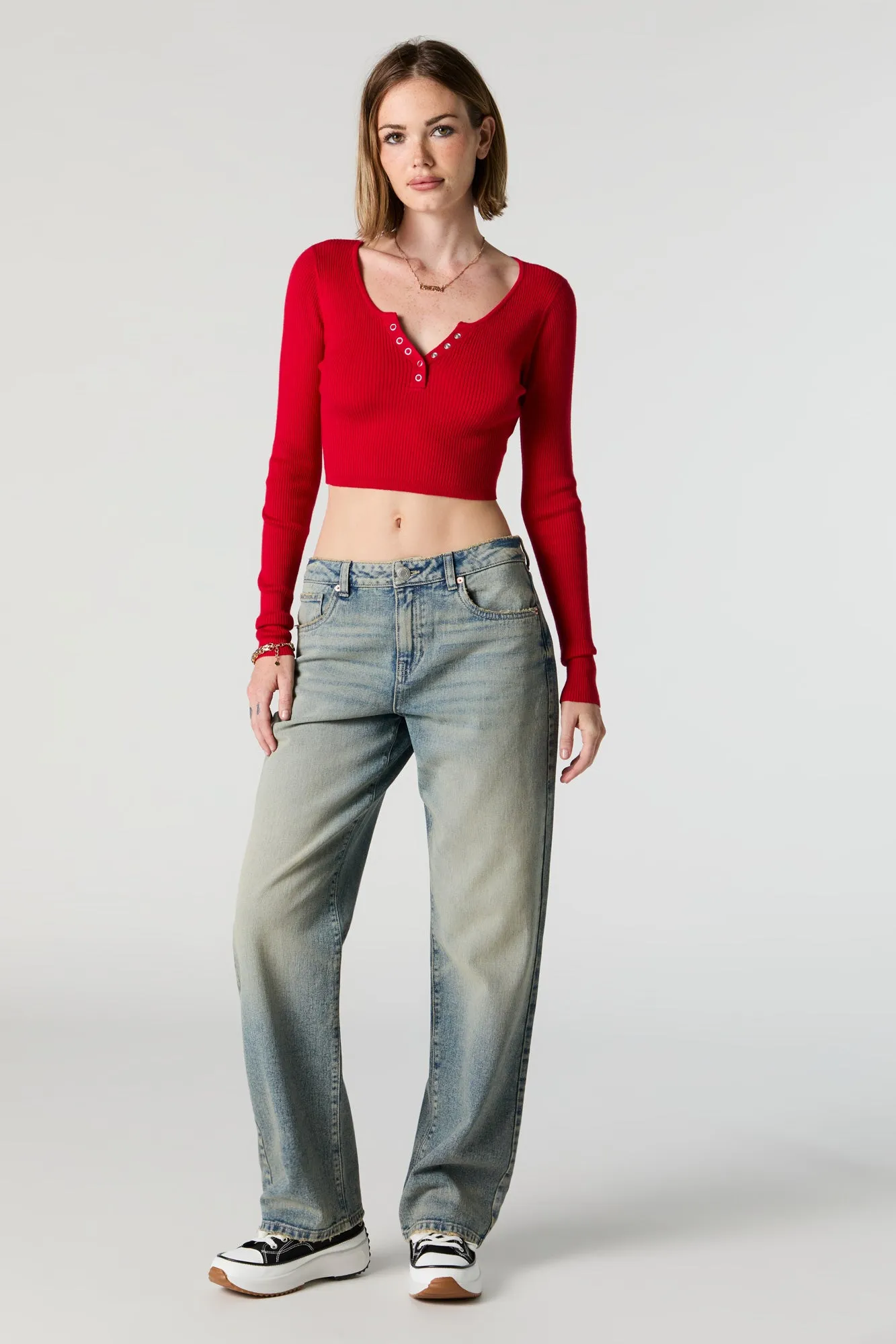 Ribbed Henley Long Sleeve Crop Top