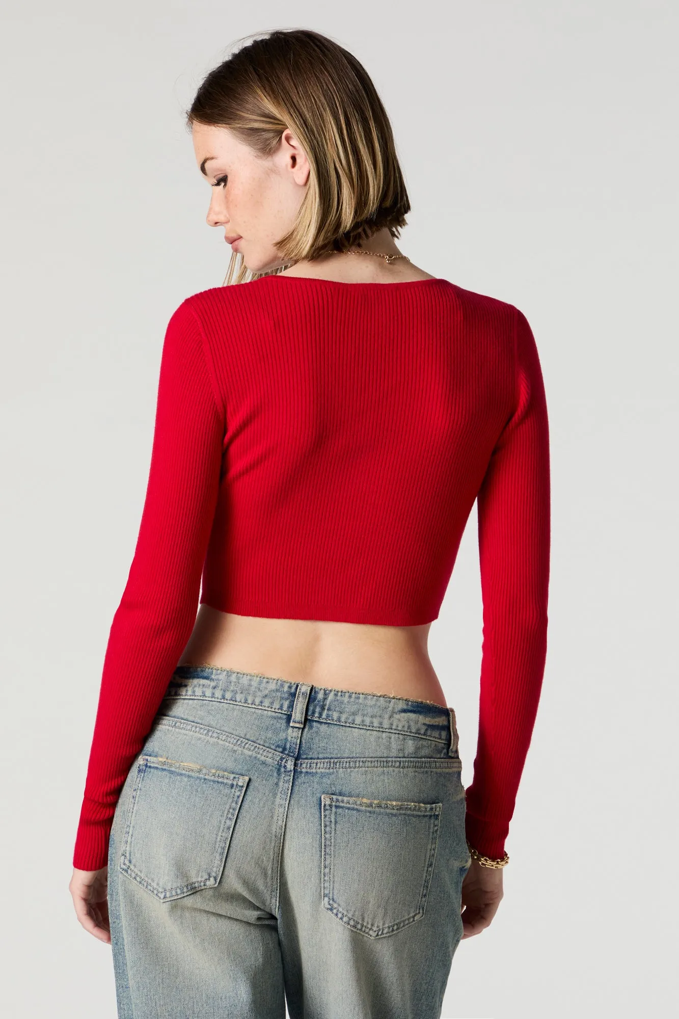 Ribbed Henley Long Sleeve Crop Top