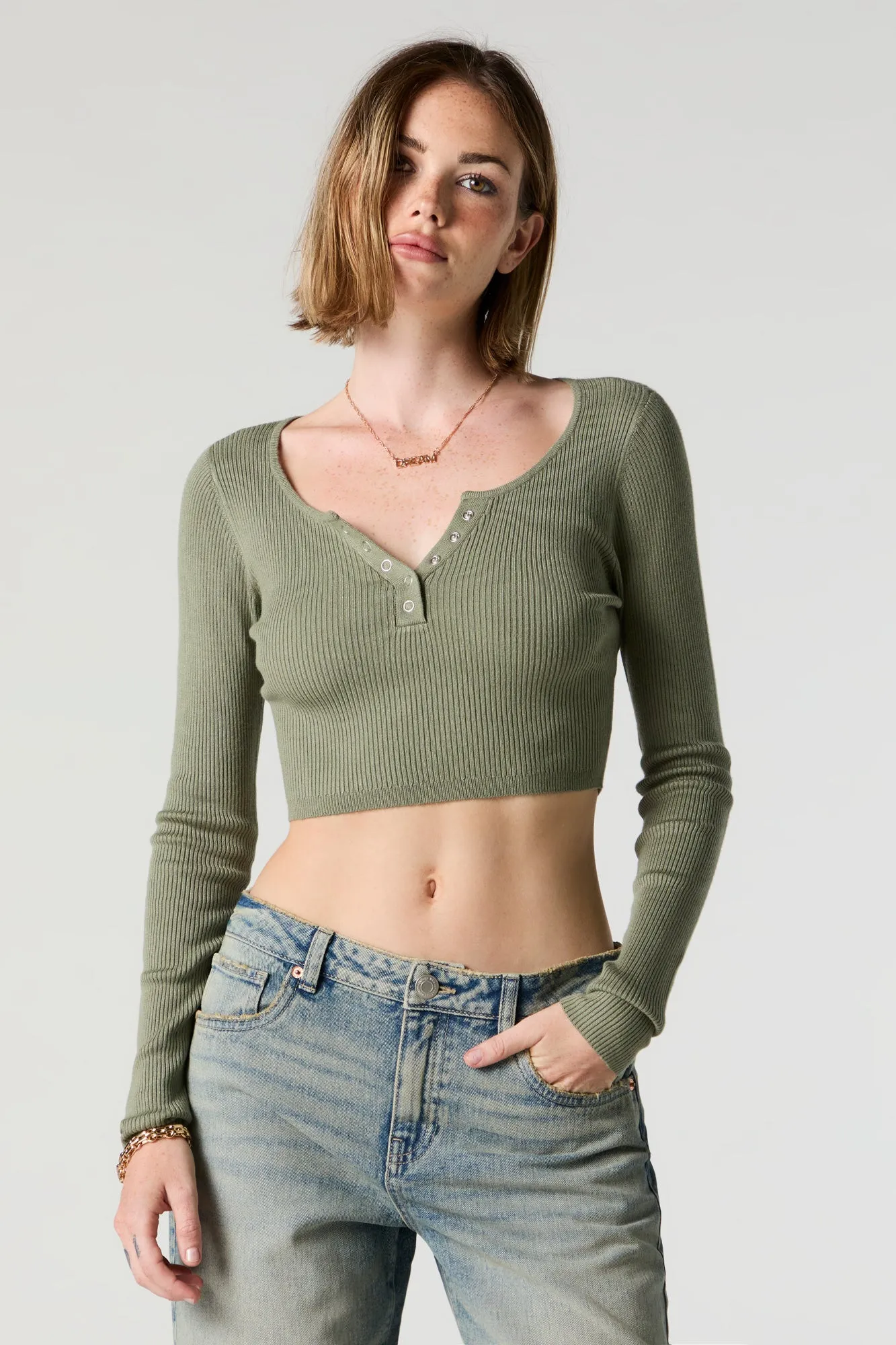 Ribbed Henley Long Sleeve Crop Top