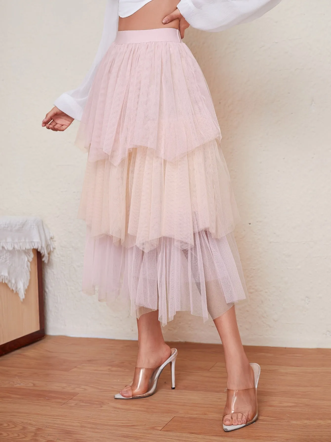 Romantic Colorblock Tiered Layer Semi-Sheer Natural Long Women Skirt