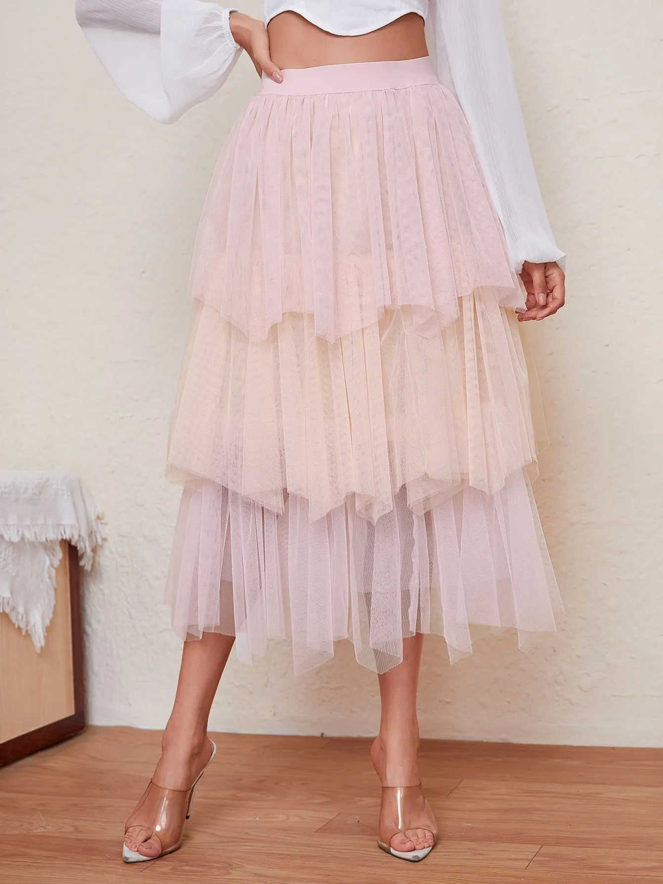 Romantic Colorblock Tiered Layer Semi-Sheer Natural Long Women Skirt