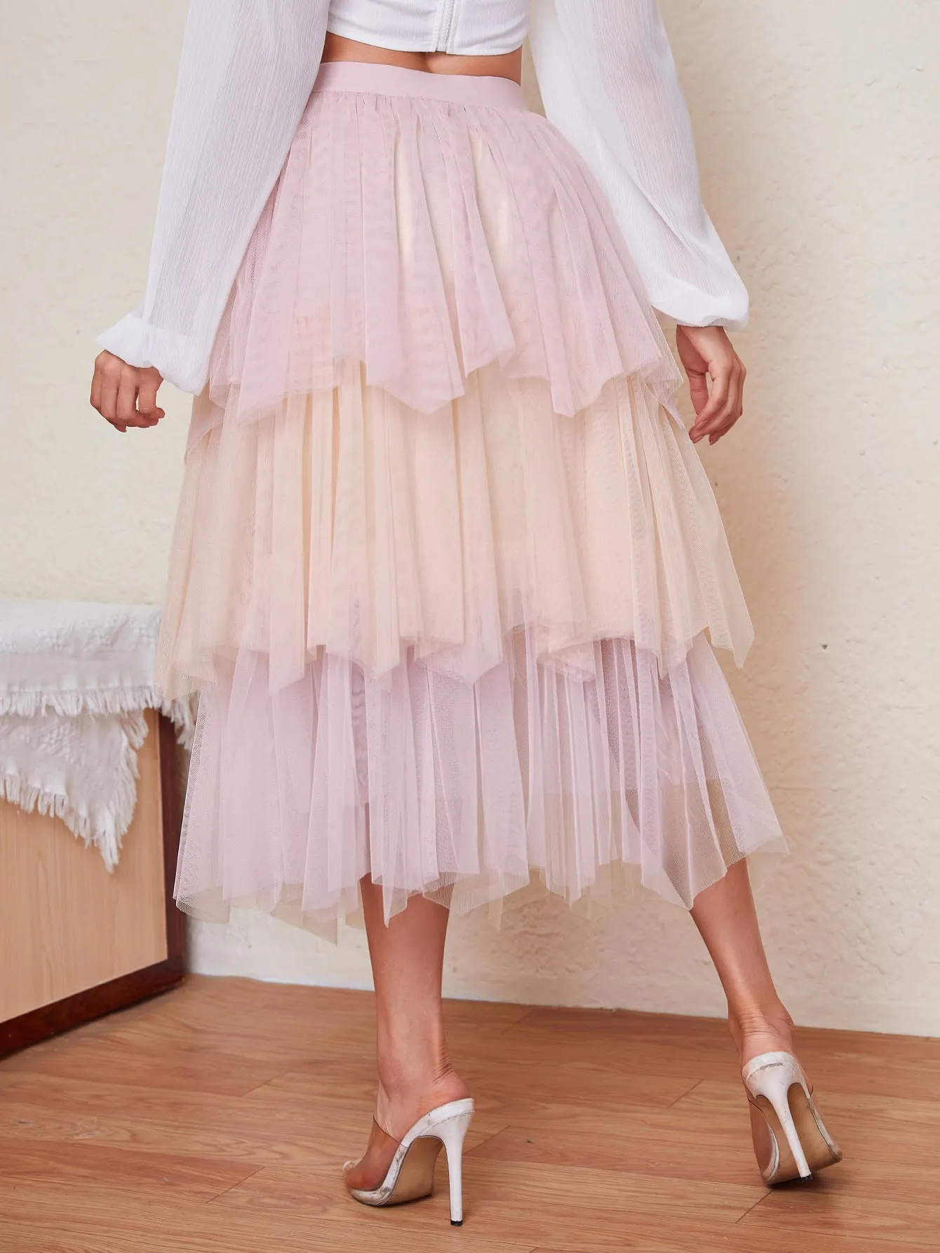 Romantic Colorblock Tiered Layer Semi-Sheer Natural Long Women Skirt