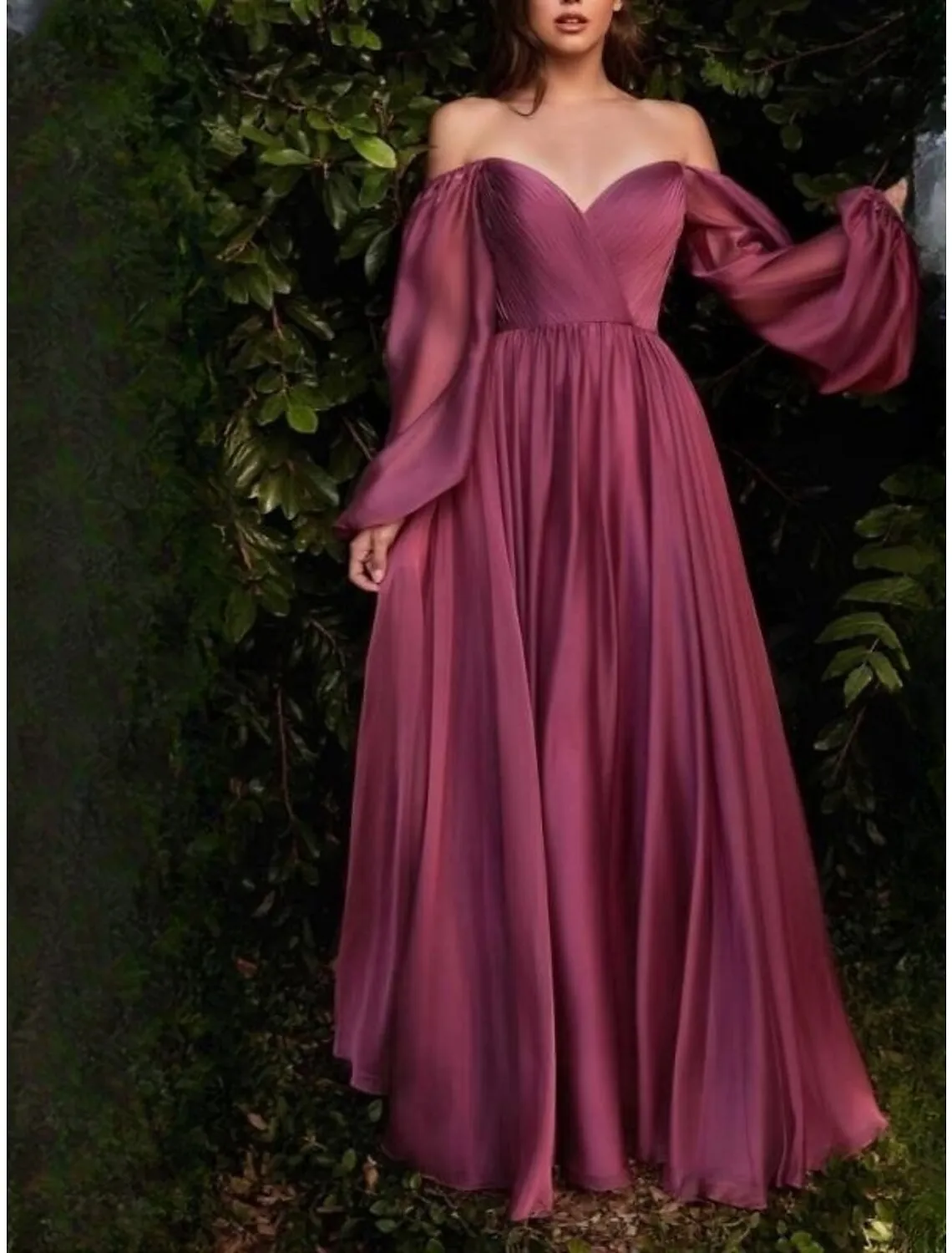 Sheath / Column Wedding Guest Dresses Elegant Dress Wedding Guest Floor Length Long Sleeve Sweetheart Bridesmaid Dress Chiffon with Pleats Ruched