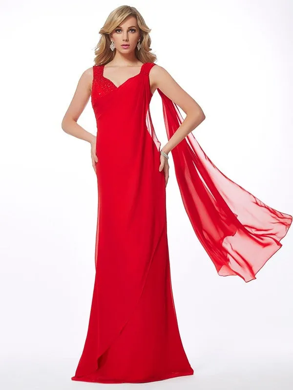 Sheath/Column Straps Sleeveless Beading Long Chiffon Dresses