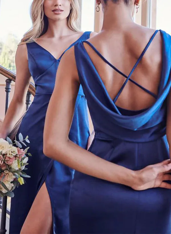 Sheath/Column V-Neck Floor-Length Long Bridesmaid Dresses With Split Side