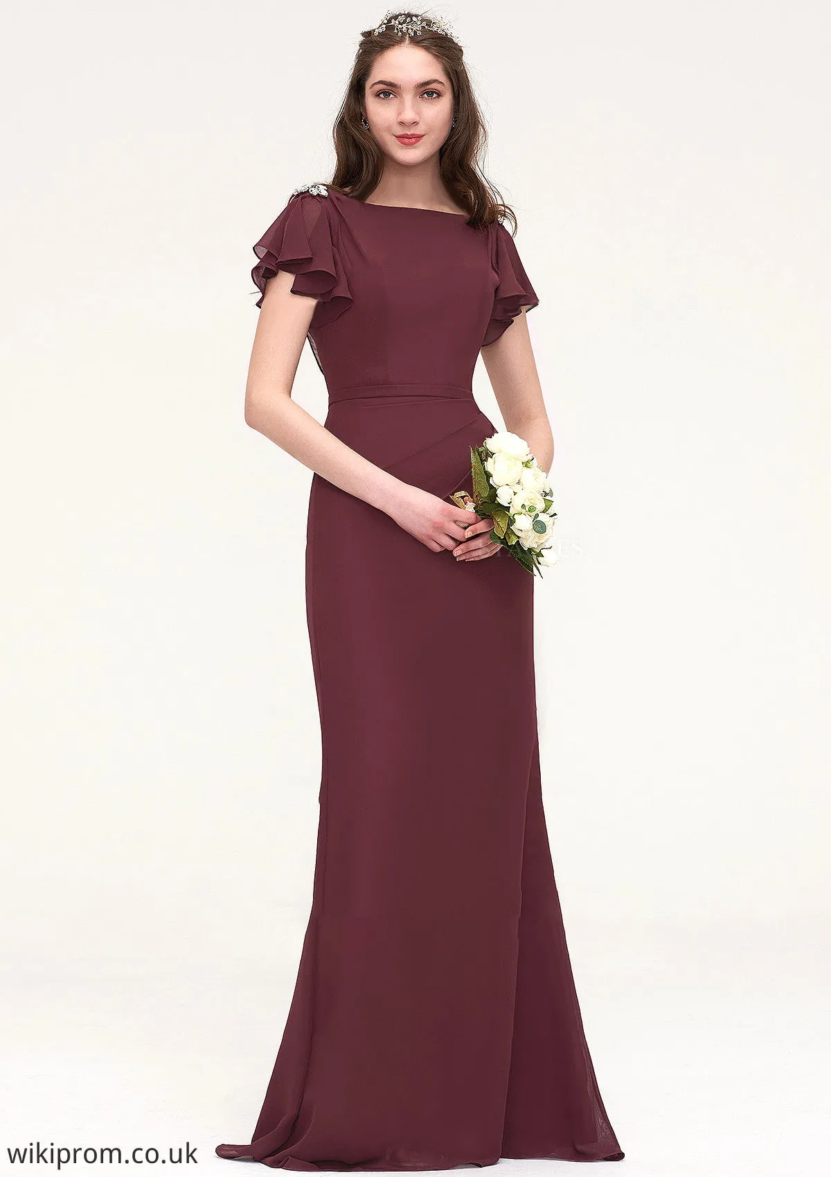 Short Sleeve Bateau Long/Floor-Length Sheath/Column Chiffon Bridesmaid Dresses With Crystal Detailing Sashes Shelby SWKP0025440