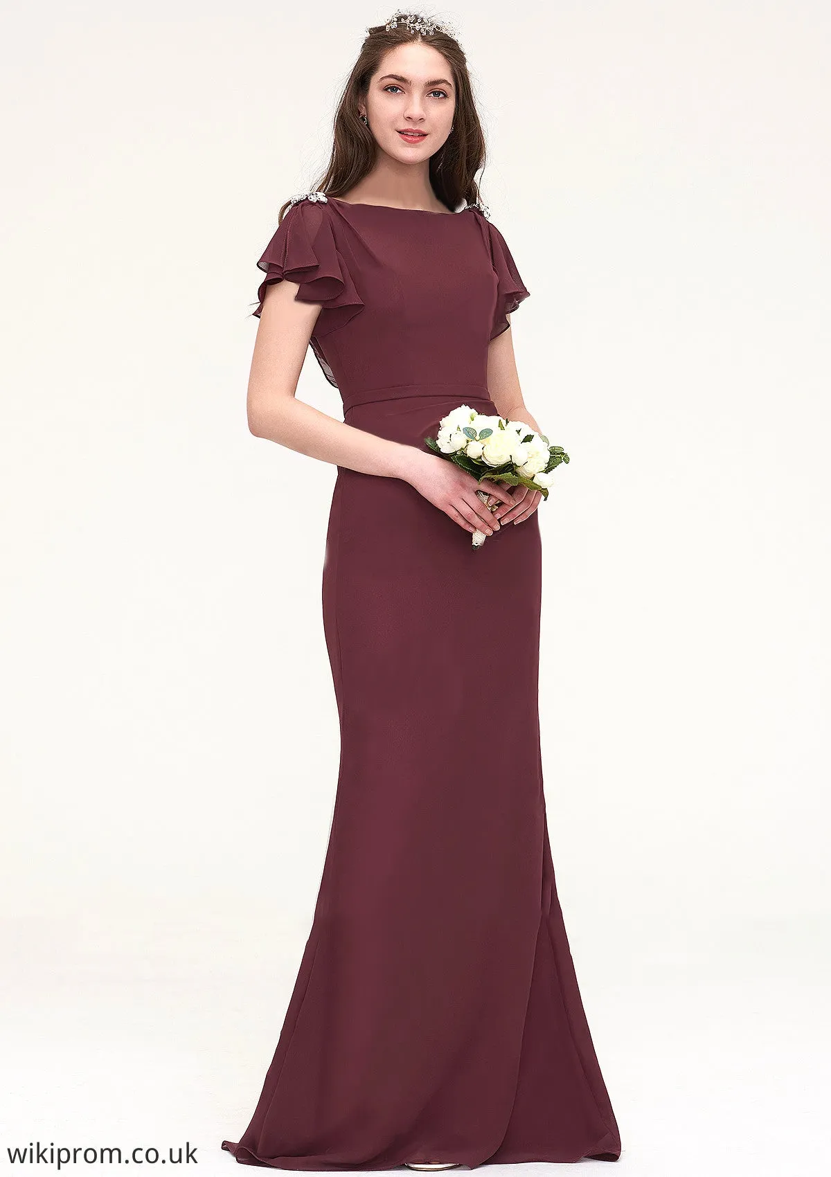 Short Sleeve Bateau Long/Floor-Length Sheath/Column Chiffon Bridesmaid Dresses With Crystal Detailing Sashes Shelby SWKP0025440