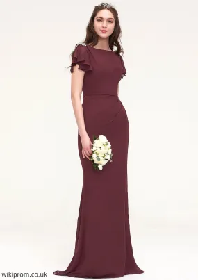 Short Sleeve Bateau Long/Floor-Length Sheath/Column Chiffon Bridesmaid Dresses With Crystal Detailing Sashes Shelby SWKP0025440