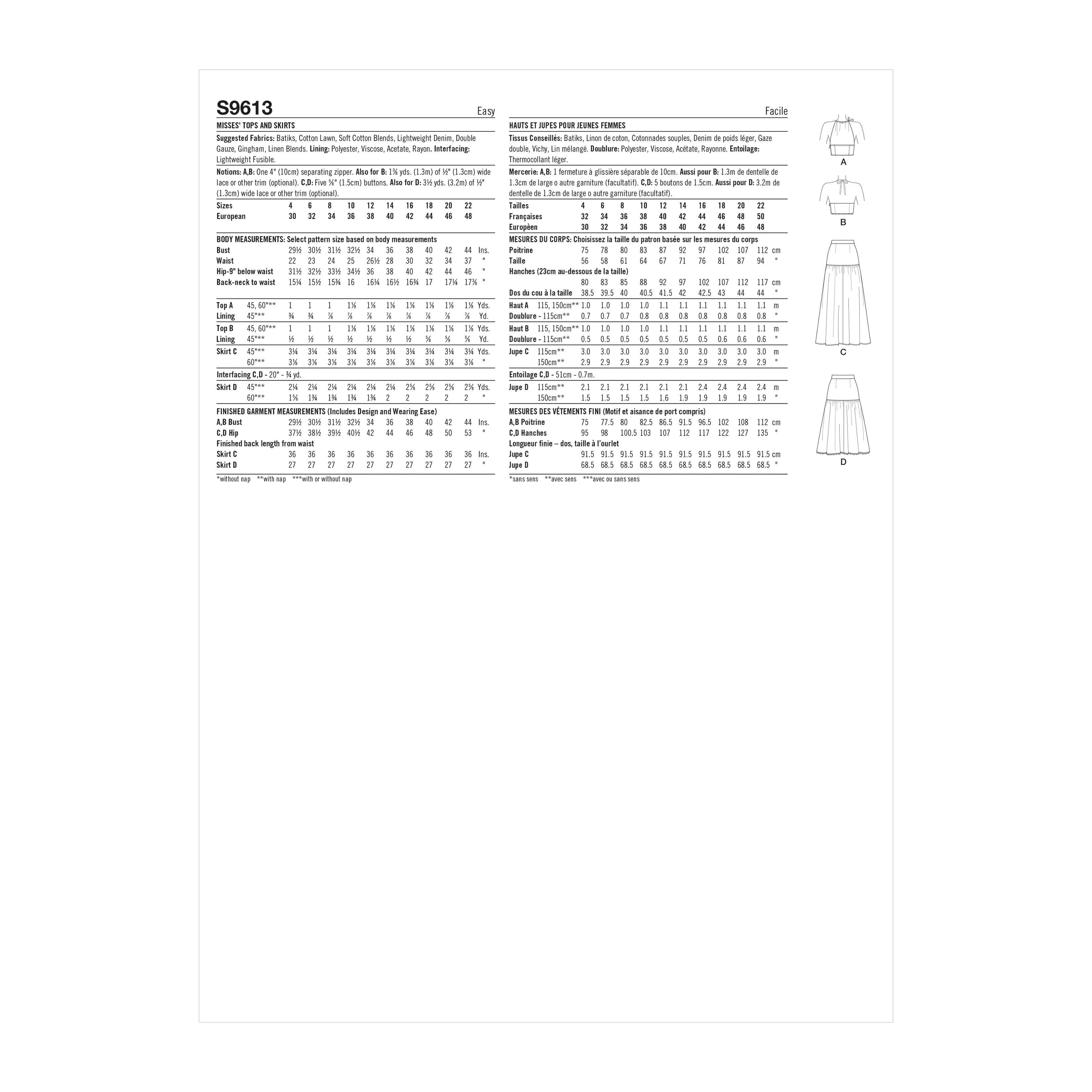 Simplicity Sewing Pattern 9613 Misses' Top and Skirts