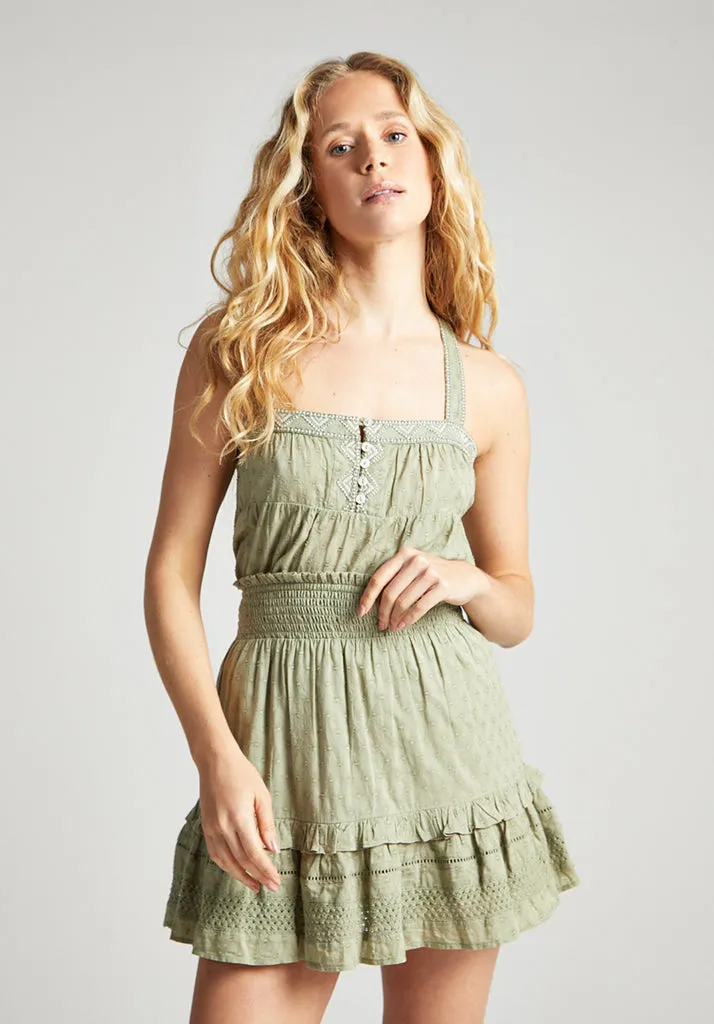 Skye Tiered Hem Embroidered Mini Skirt In Green