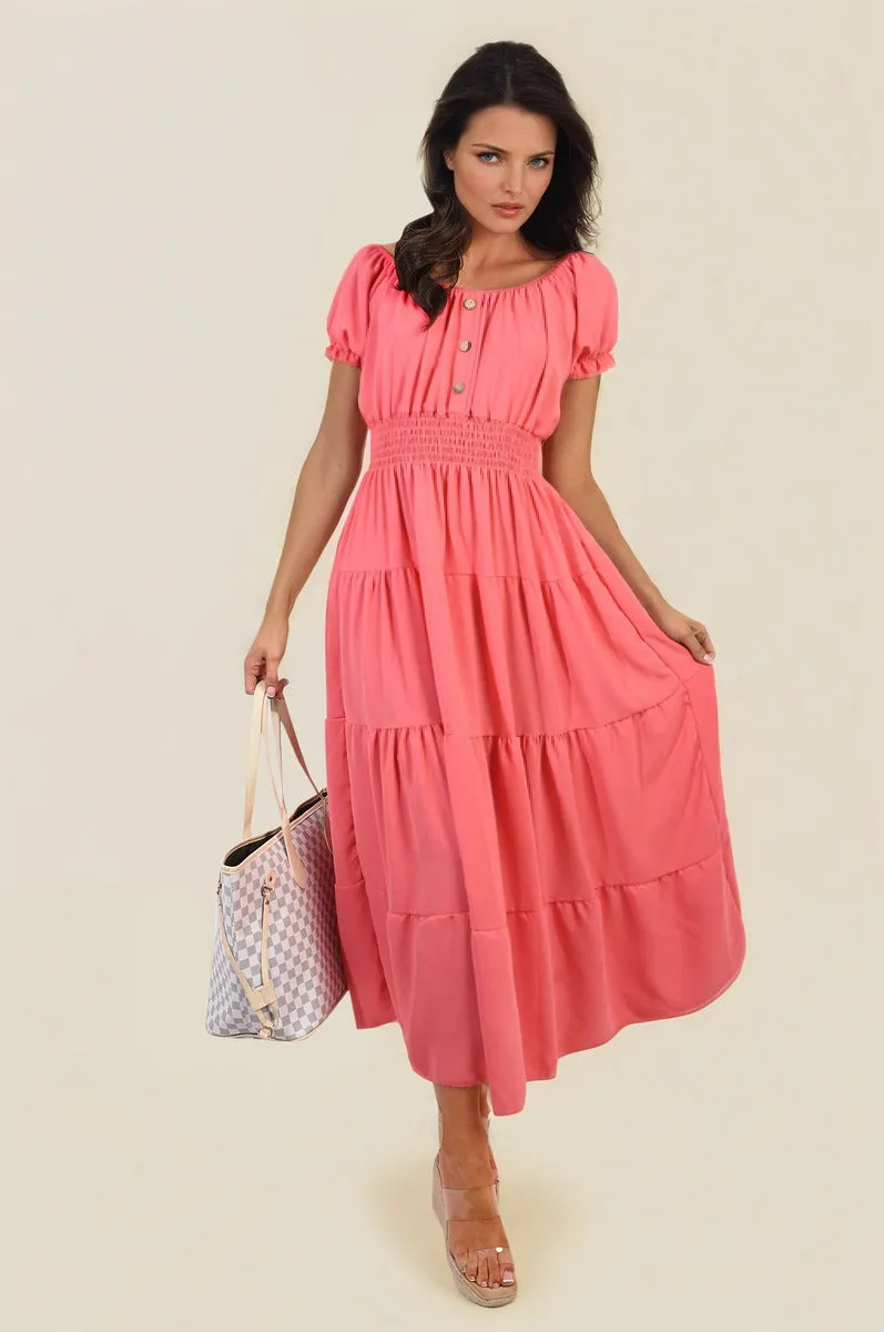 Smocked Waist Tiered Midi Dress