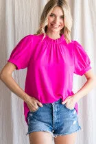 Solid Top W/Frilled Neck Ruched Bodice Back Key Hole Short Peasant Sleeves