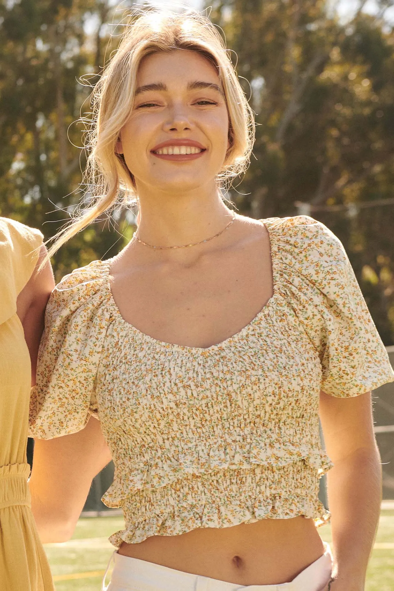 Sunny Side Smocked Floral Cropped Peasant Top