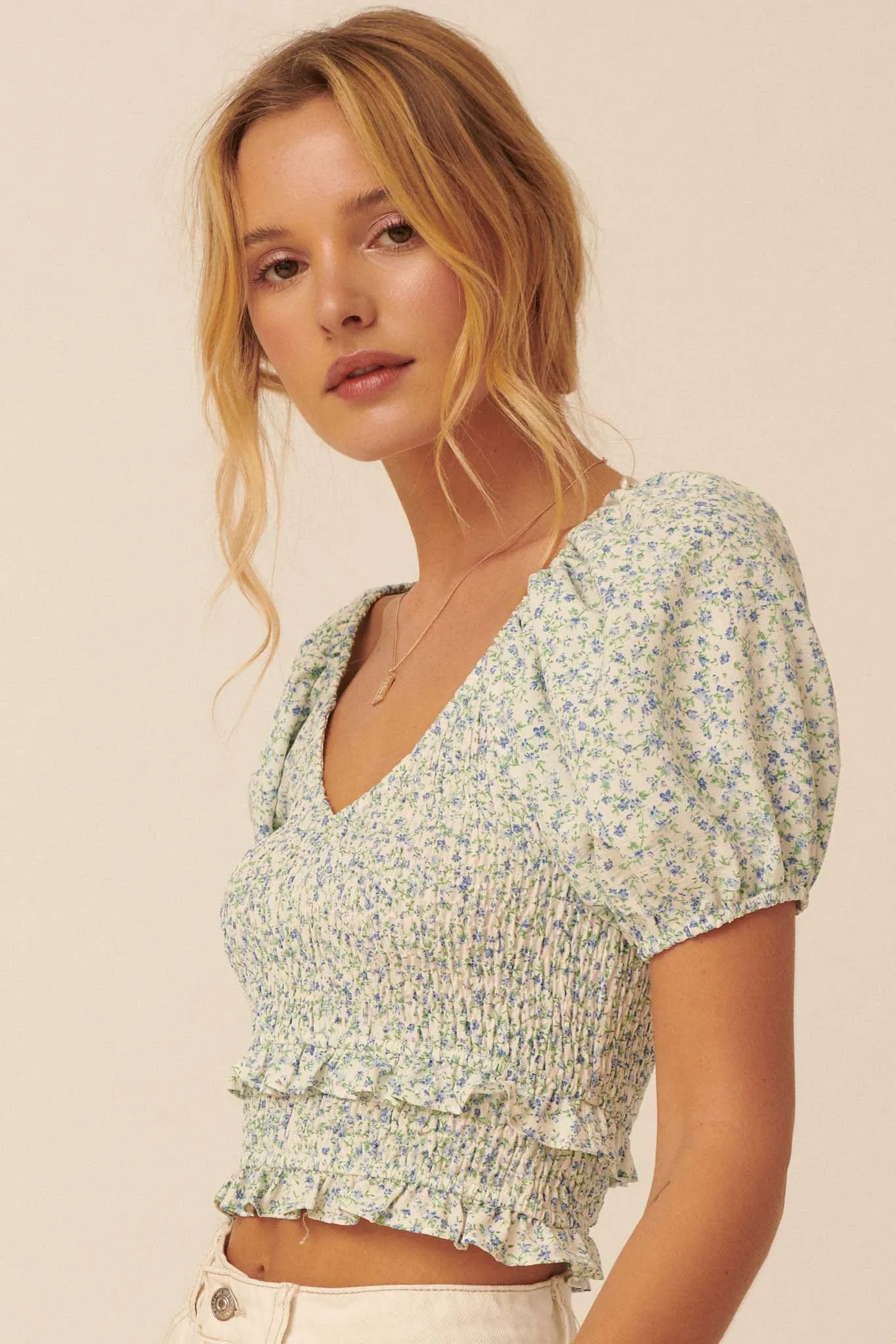 Sunny Side Smocked Floral Cropped Peasant Top