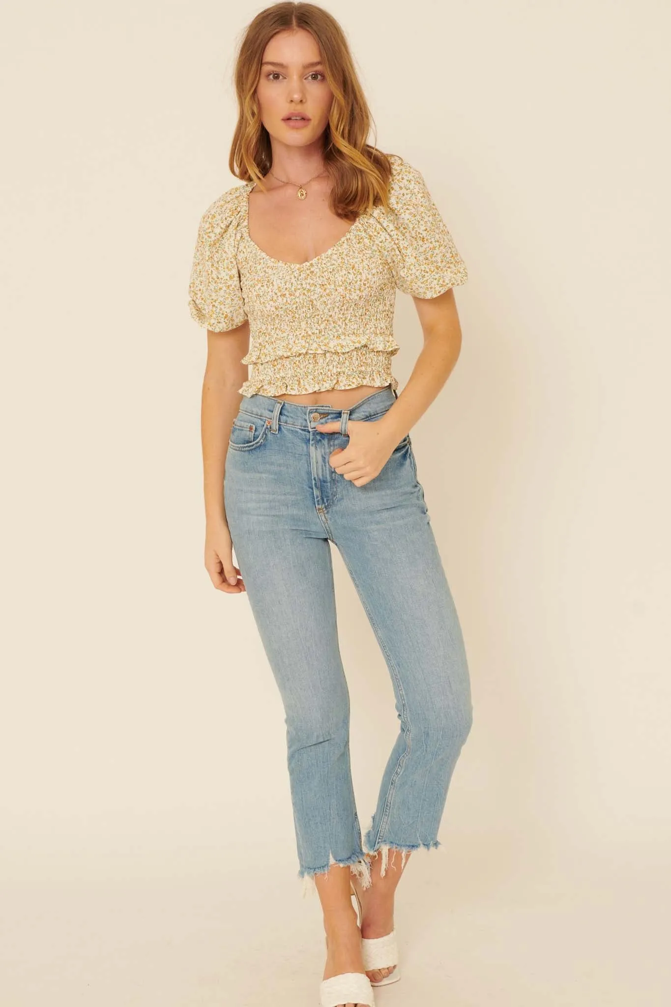 Sunny Side Smocked Floral Cropped Peasant Top