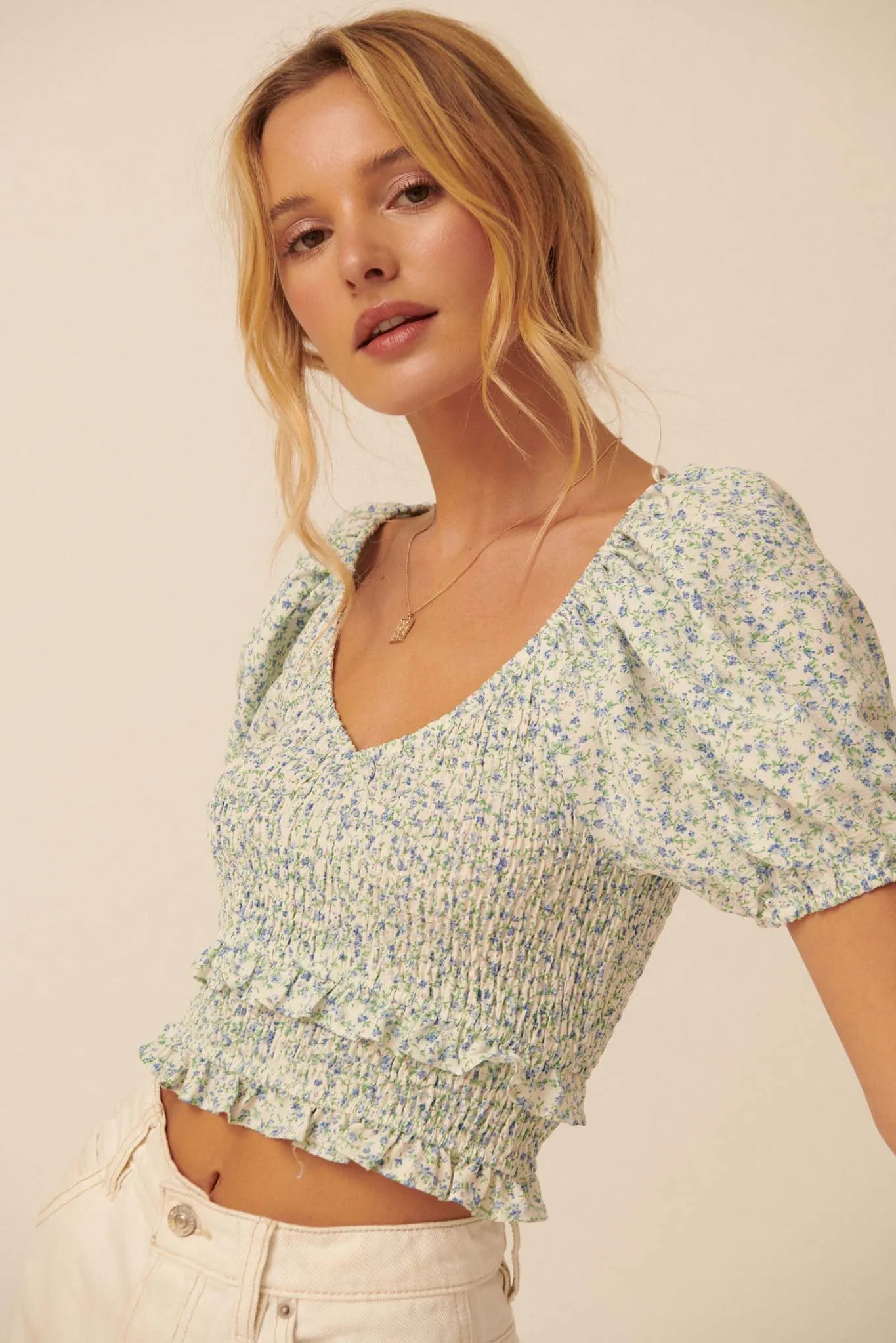 Sunny Side Smocked Floral Cropped Peasant Top