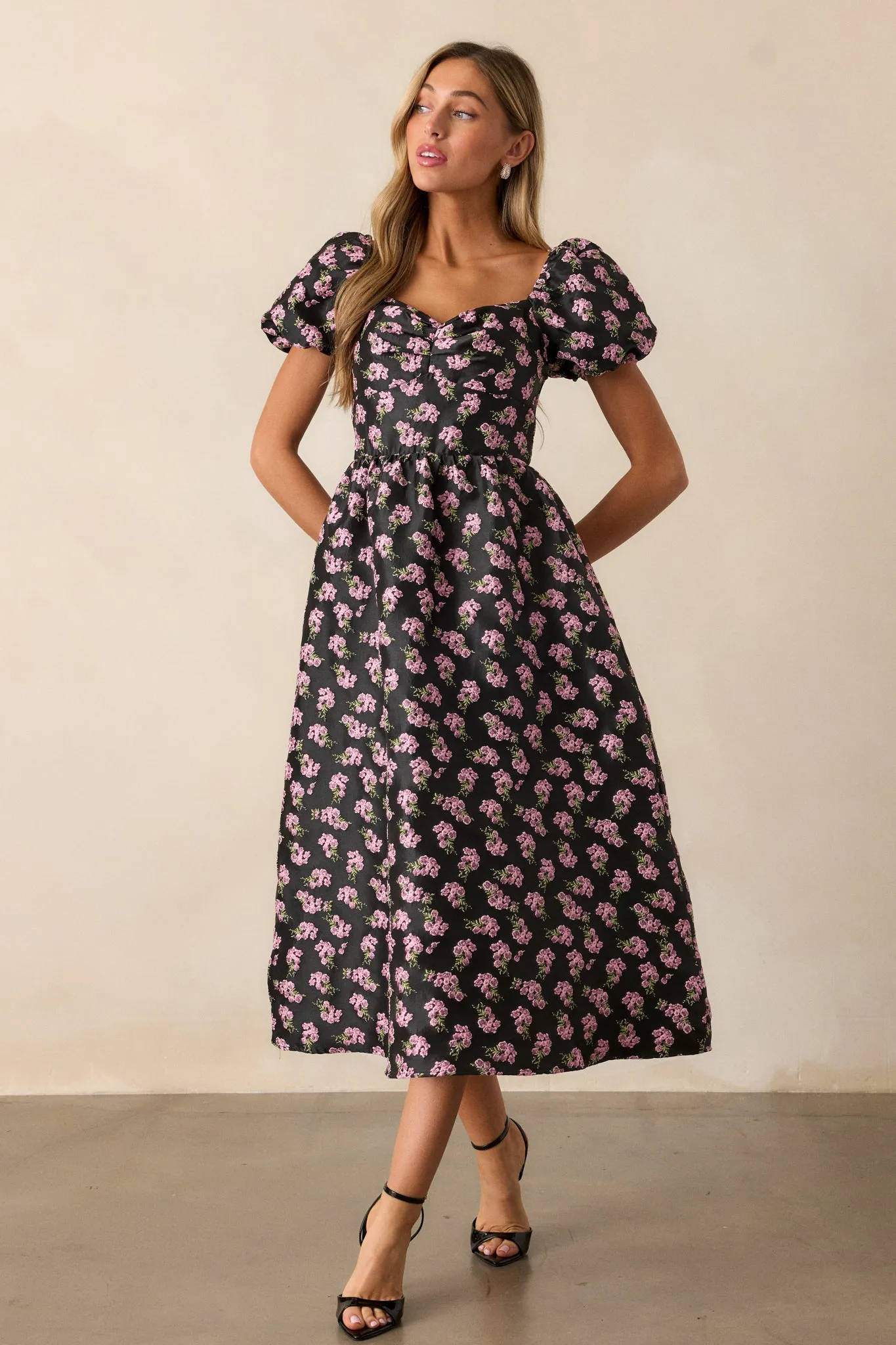 Time Flies Black Floral Jacquard Puff Sleeve Midi Dress