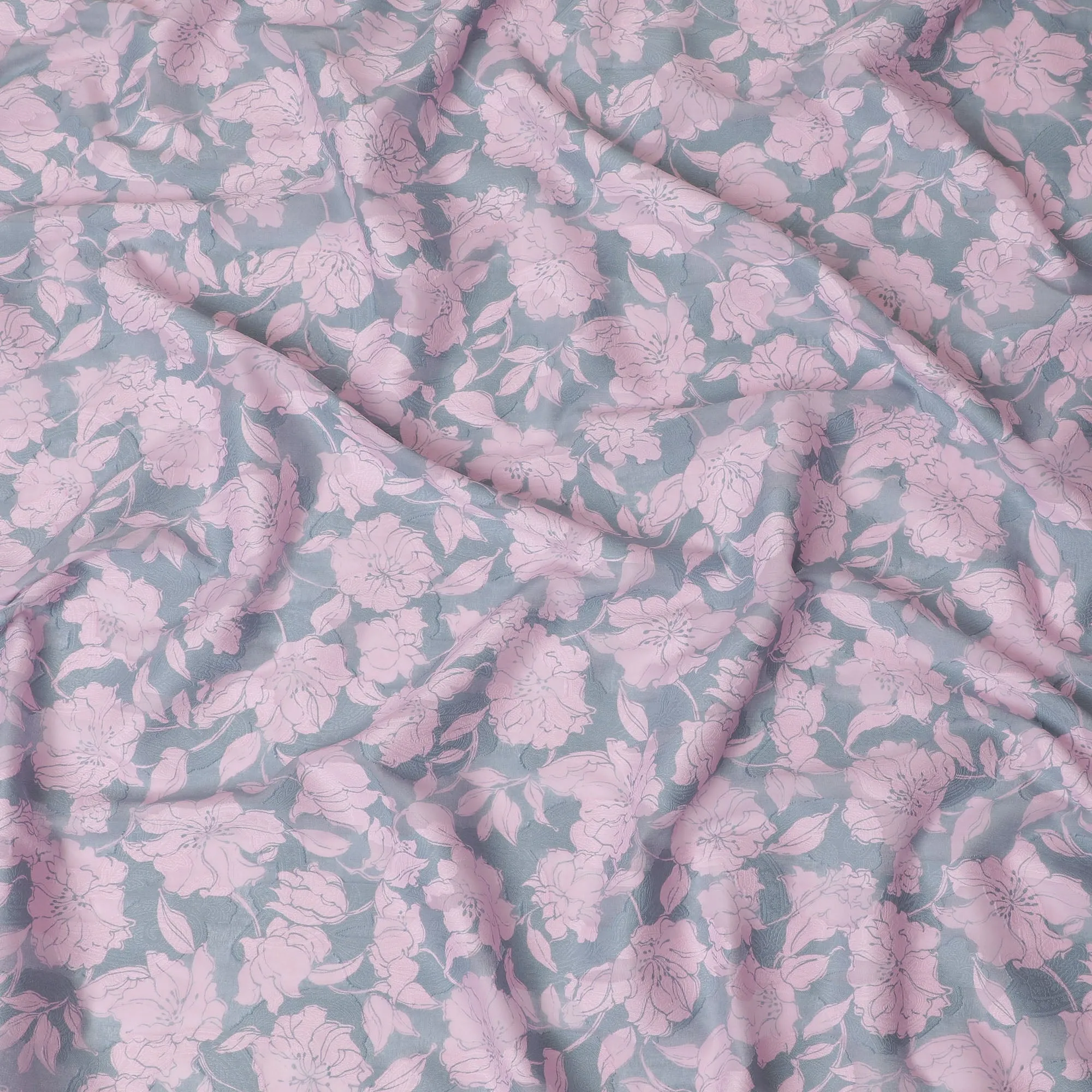 Uragiri Cotton Voile Fabric with Jacquard, 110 cm Width, Pink and Grey Floral Design-D19960