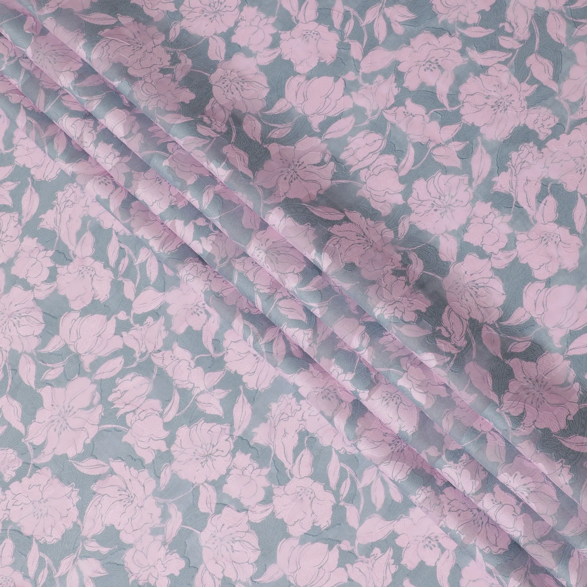 Uragiri Cotton Voile Fabric with Jacquard, 110 cm Width, Pink and Grey Floral Design-D19960