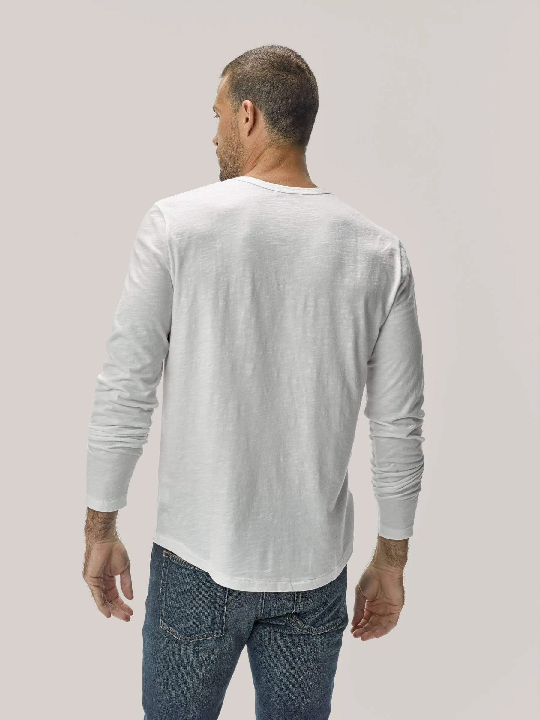 White Long Sleeve Slub Curved Hem Tee