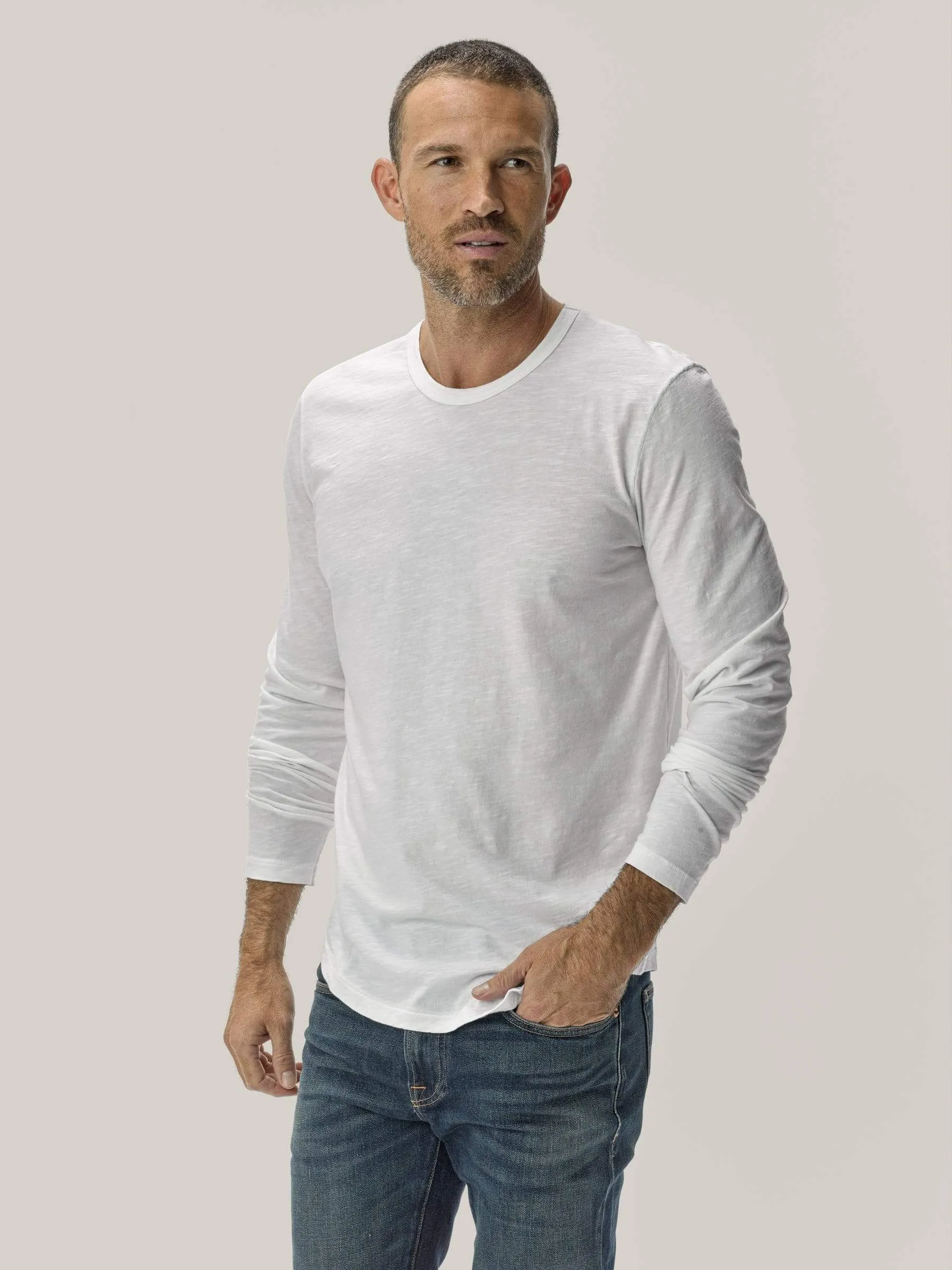 White Long Sleeve Slub Curved Hem Tee