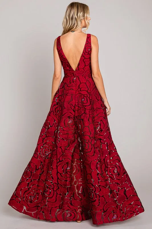 Wine Jacquard Print Fabric Long Dress