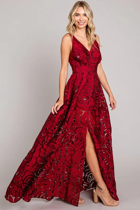 Wine Jacquard Print Fabric Long Dress