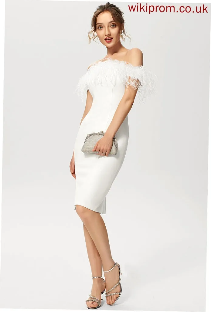 With Dress Feather Sheath/Column Cocktail Dresses Knee-Length Off-the-Shoulder Cocktail Crepe Jaylynn Stretch