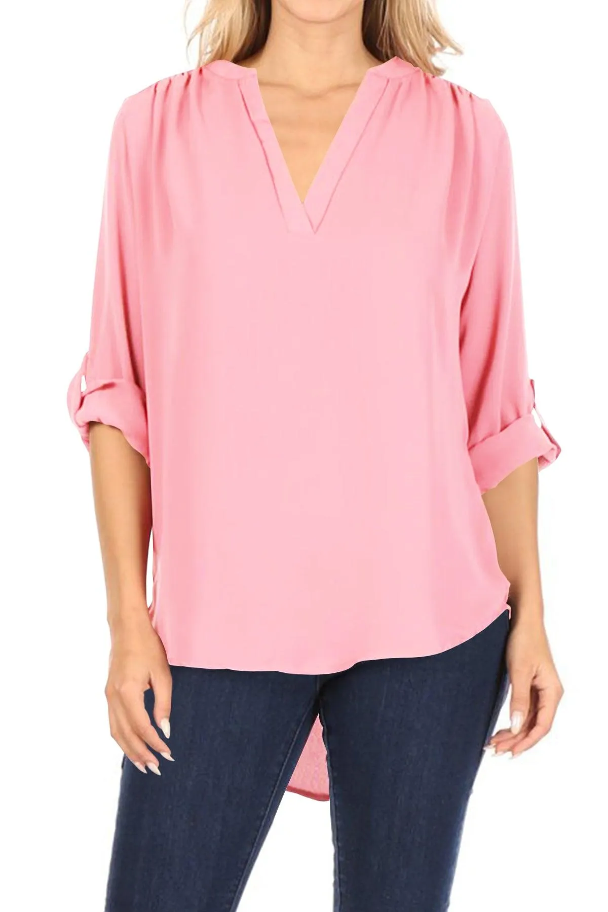 Women's Casual V-Neck Woven Roll Up Sleeve Lightweight Relaxed Fit Office Blouse Top